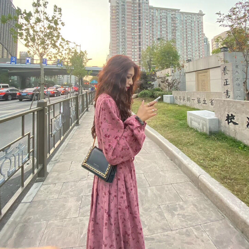 Floral Sweet Cover Long Dress Slimming High Waist Rose Dress