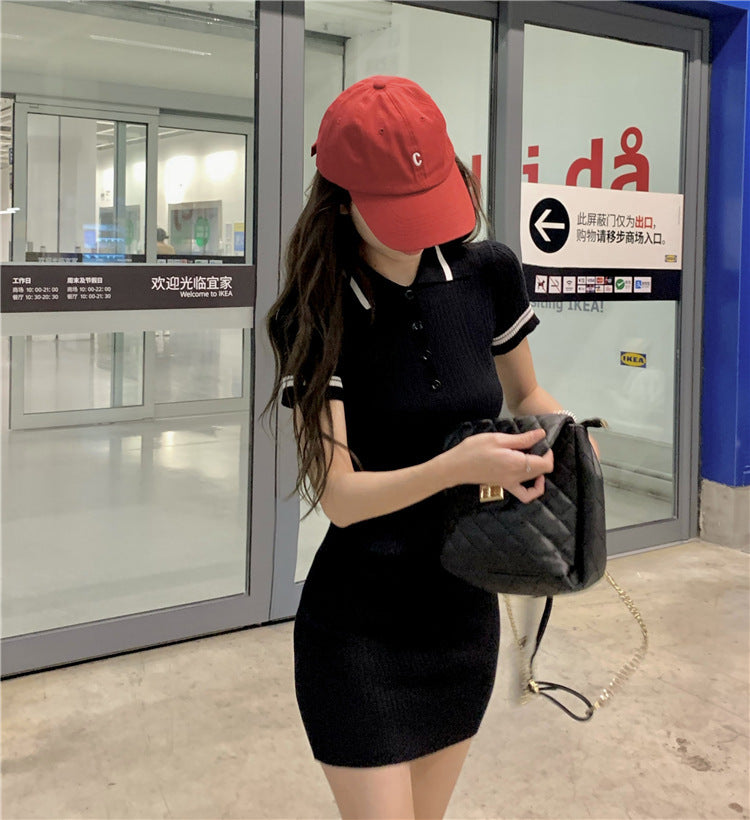 Preppy Lapel POLO Button-Up Slim Contrast Short Sleeve Dress