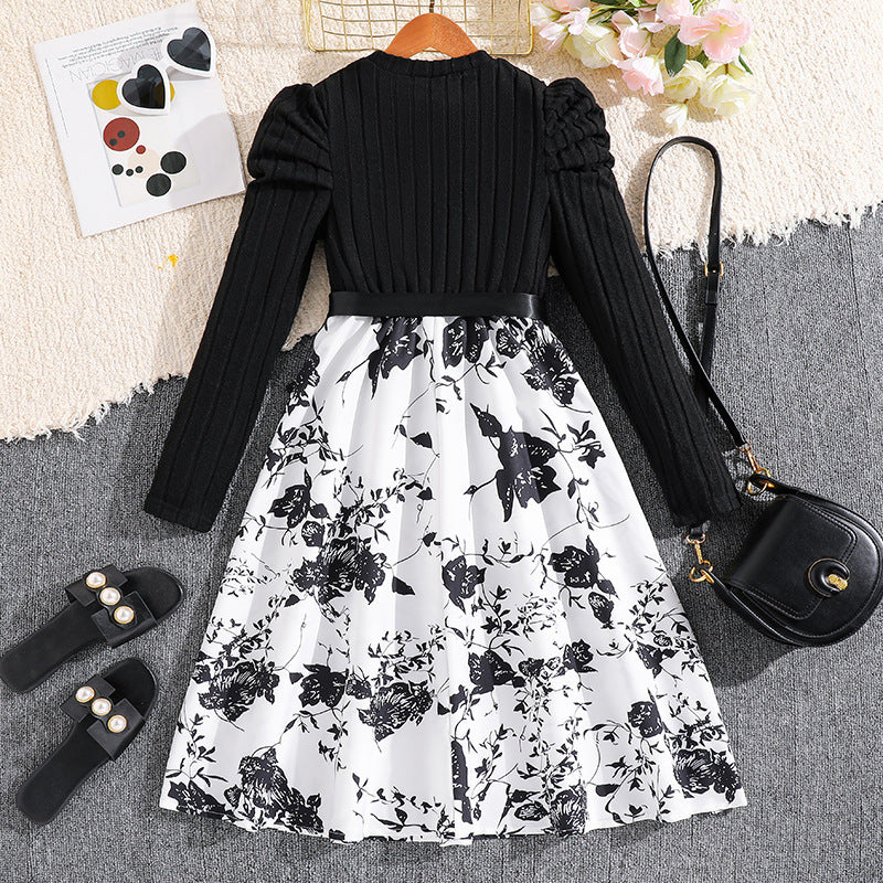 Long Sleeve Knitted Patchwork Retro Printed Princess Dress