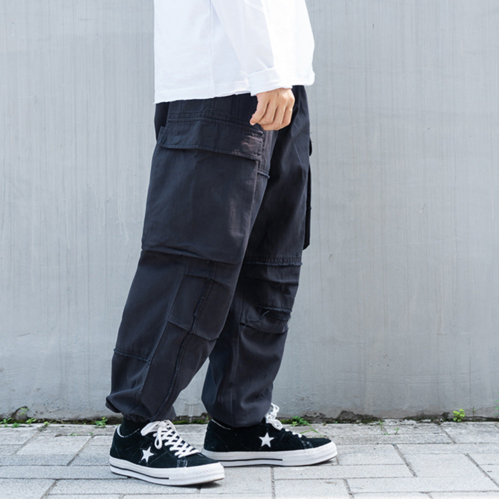 Men's Elastic Waist Loose Straight Multi-pocket Cargo Pants