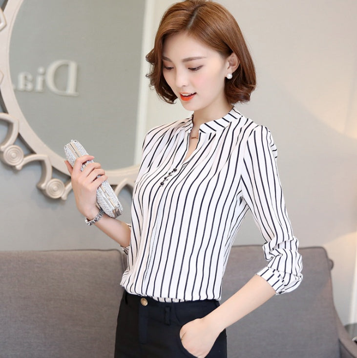 Printed shirt V-neck top Slim long-sleeved chiffon shirt