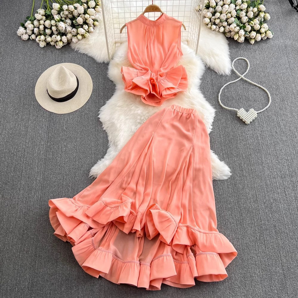 Stand Collar Ruffled Sleeveless Top High Waist Fishtail Skirt Suit