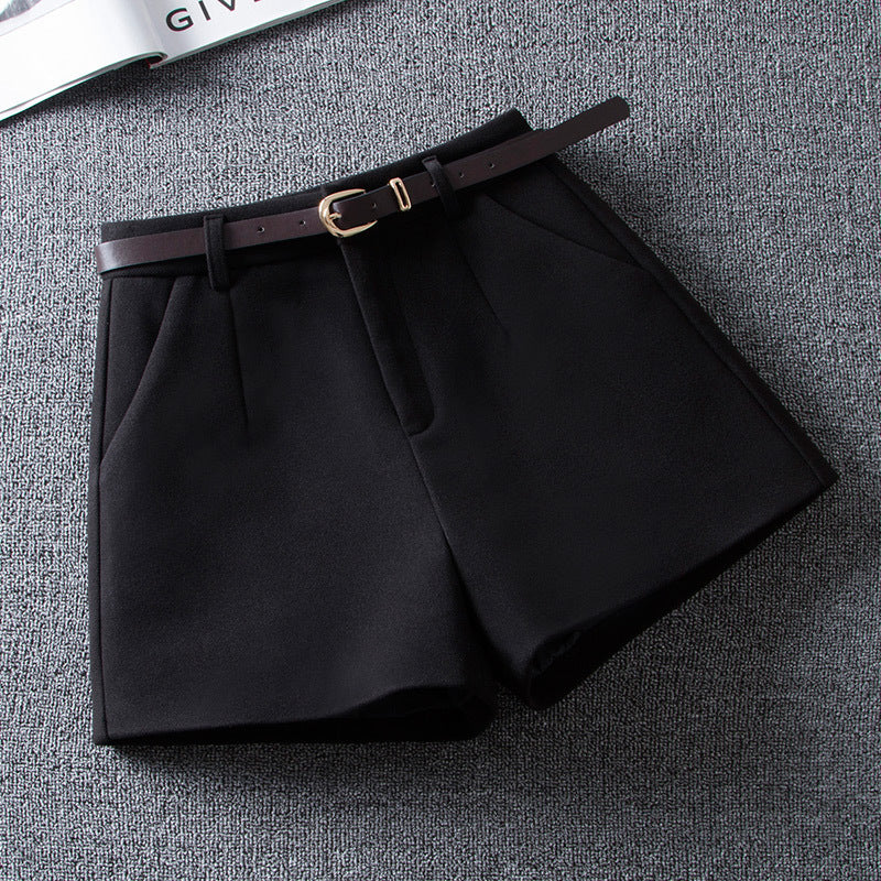 Fashion Solid Color High Waist Woolen Shorts