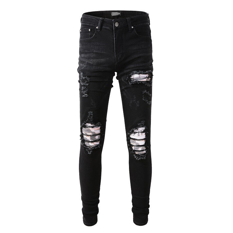 High Street Fashion Brand Black Ripped Patch Jeans Stretch Slim High Street Jeans