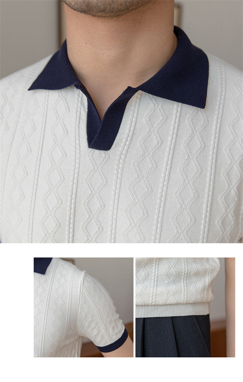 Knit Jacquard Color Block Lapel Top Vintage