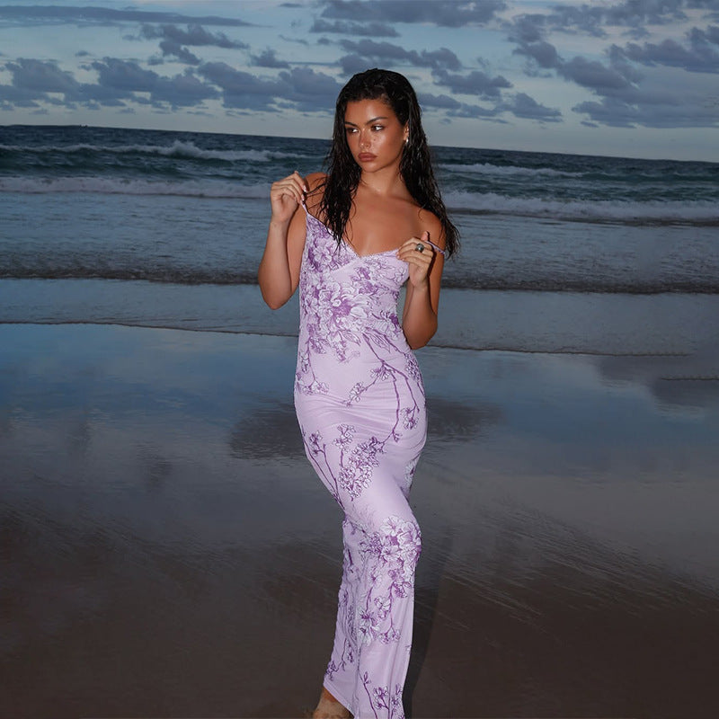 Elegant V-neck Slim-fit Printed Purple Dress Women