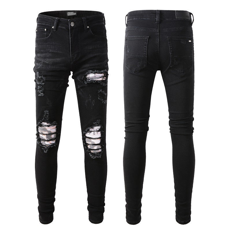 High Street Fashion Brand Black Ripped Patch Jeans Stretch Slim High Street Jeans