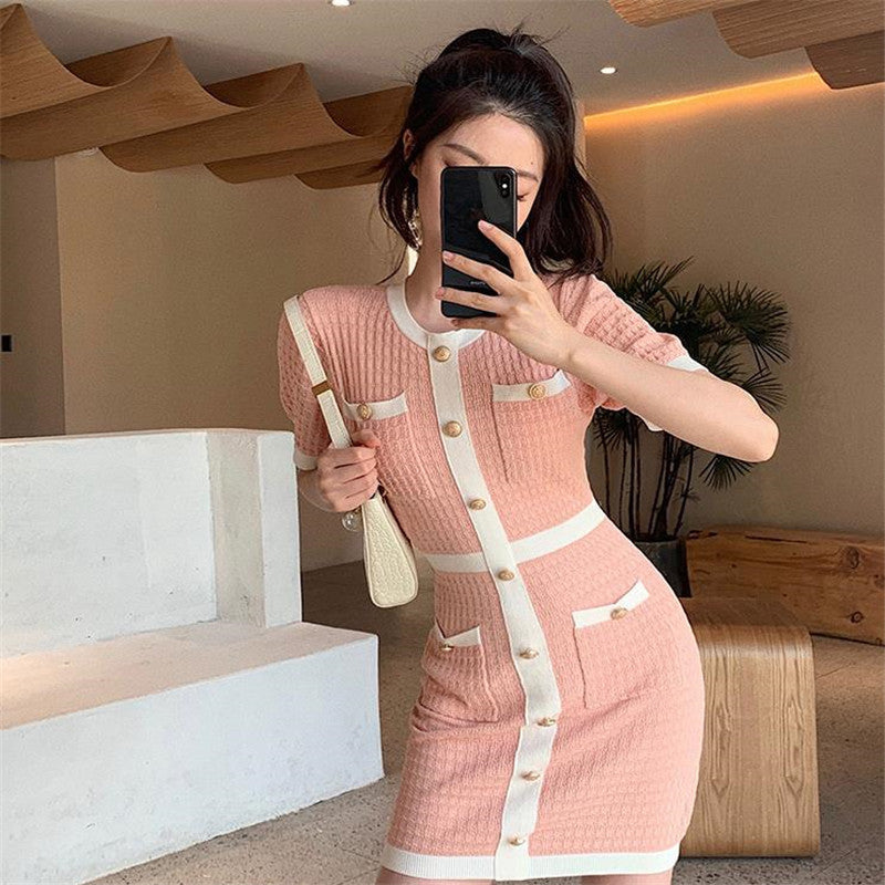 Color Matching Short-sleeved Knitted Dress Women's Waist Slimming Skirt