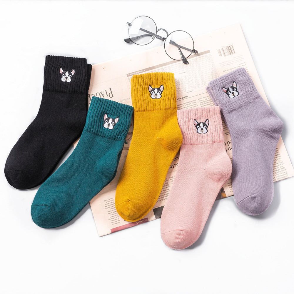 Autumn And Winter New Female Socks Japanese Cartoon Animal Embroidered Cotton