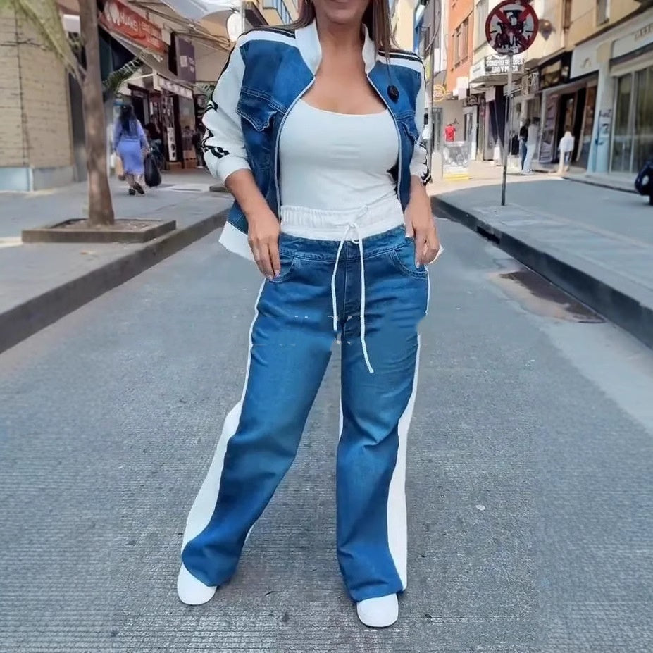 Women's Fashion Denim Stitching Long-sleeve Zipper Two-piece Set