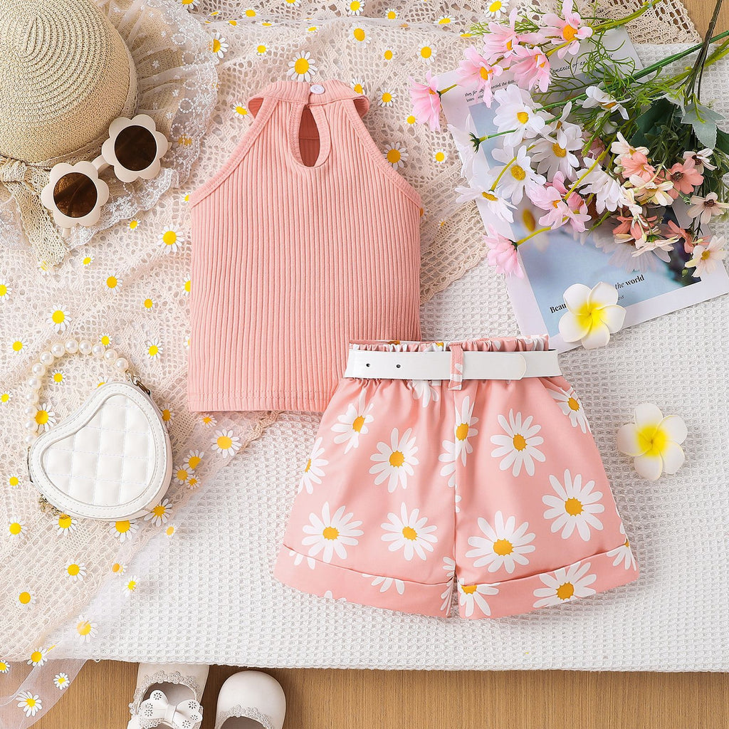 Children's Pure Color Halter Top Printed Shorts Belt