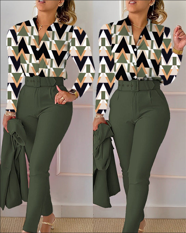 Printed Long-sleeved Top Solid Color Pants Suit With Belt