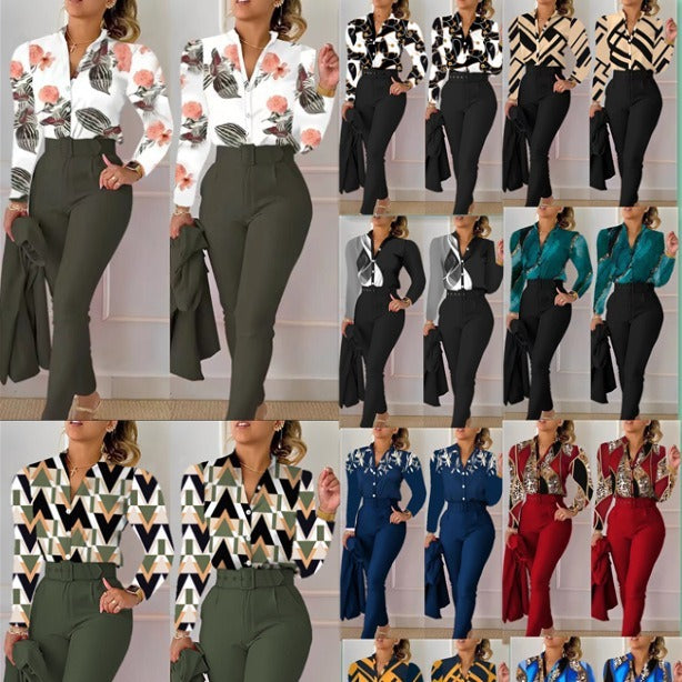 Printed Long-sleeved Top Solid Color Pants Suit With Belt