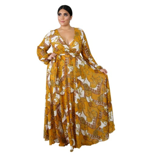 V-neck Long Sleeve Flower Beach Chiffon Dress