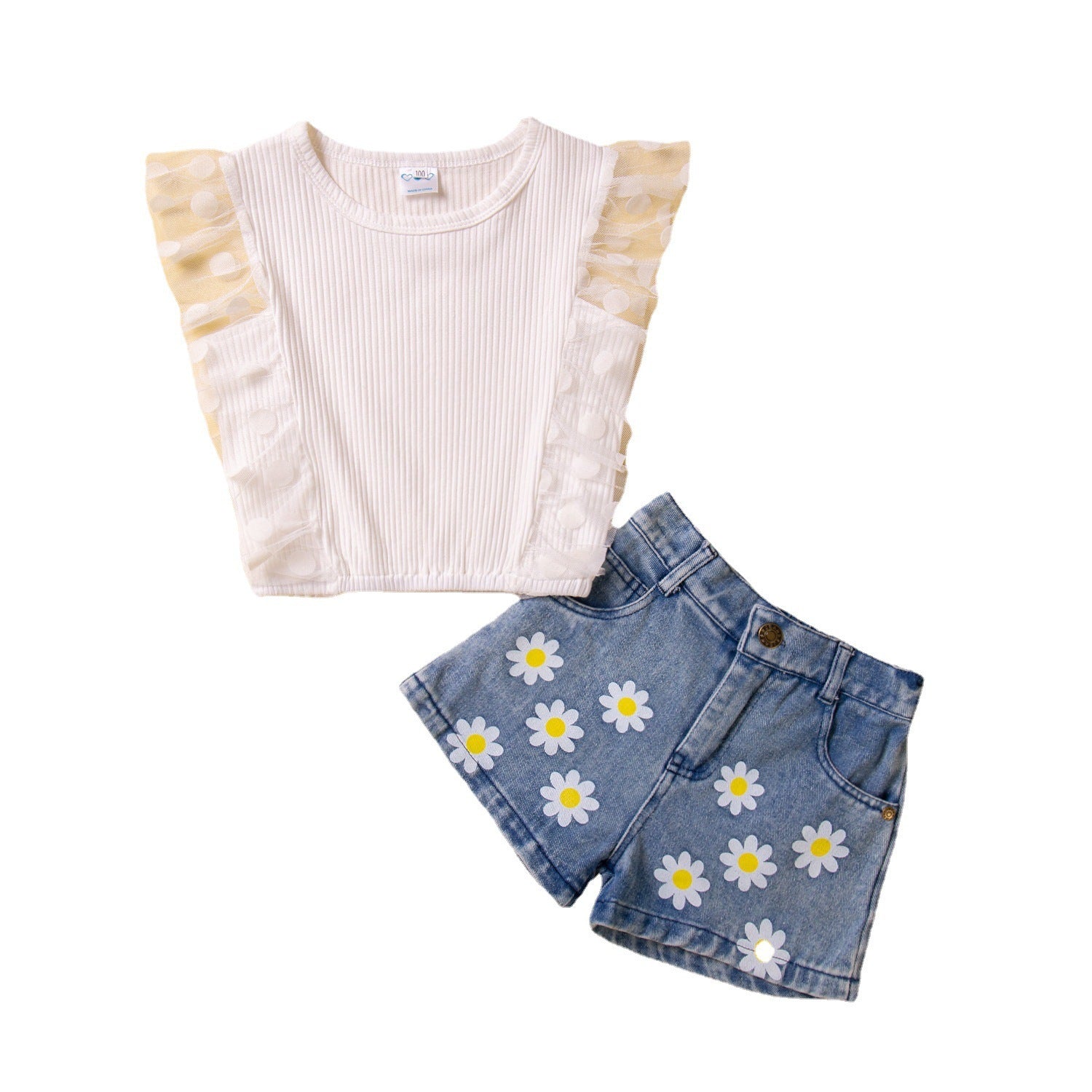Summer Girls' Suit Polka Dot Mesh Sleeves Denim Shorts