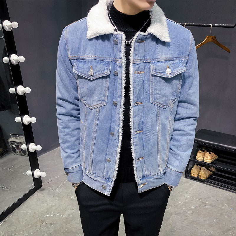 Plush Thick Denim Jacket Male Lamb Wool Denim Cotton Jacket Plus Size