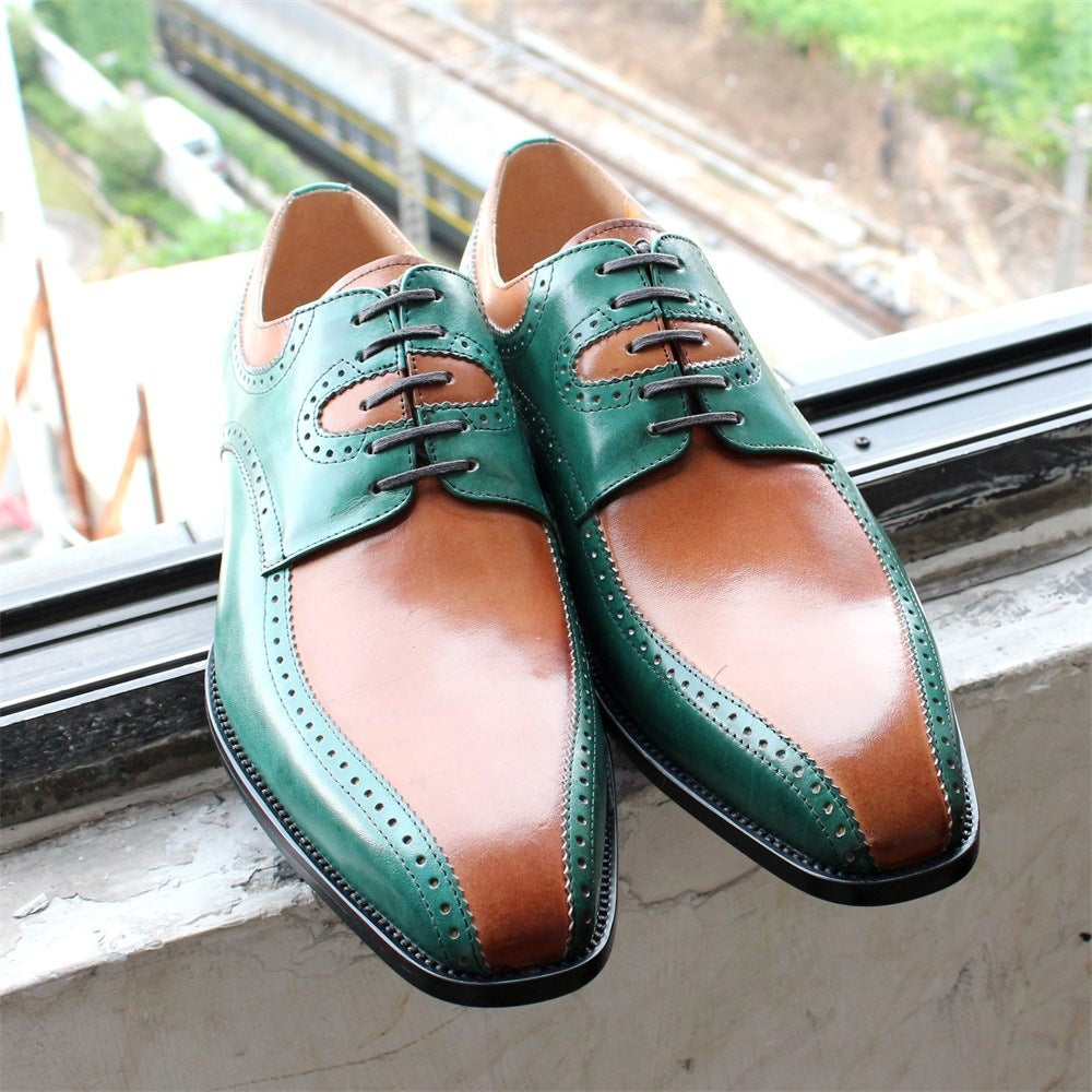 British Fashion Carved Color Matching Leather Shoes Cowhide Business