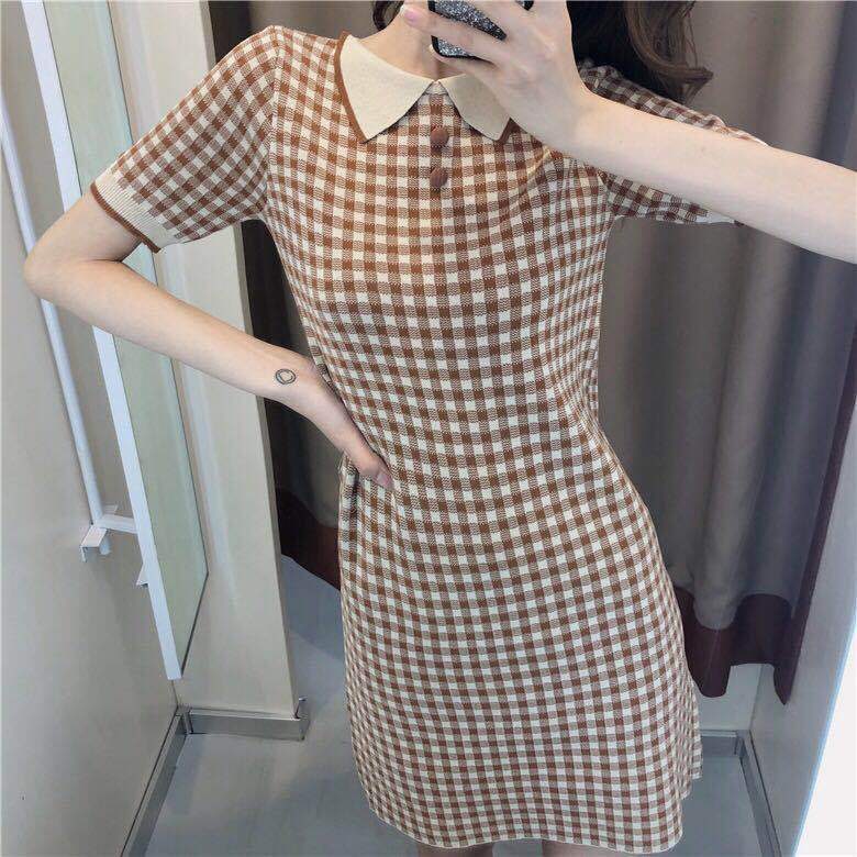 Ladies French Niche Plaid Doll Collar Slim Fit Dress