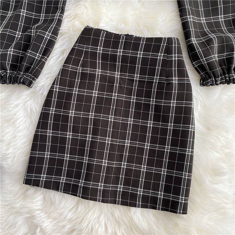 Contrast Color Cutout Knit Sweater Short Plaid Skirt