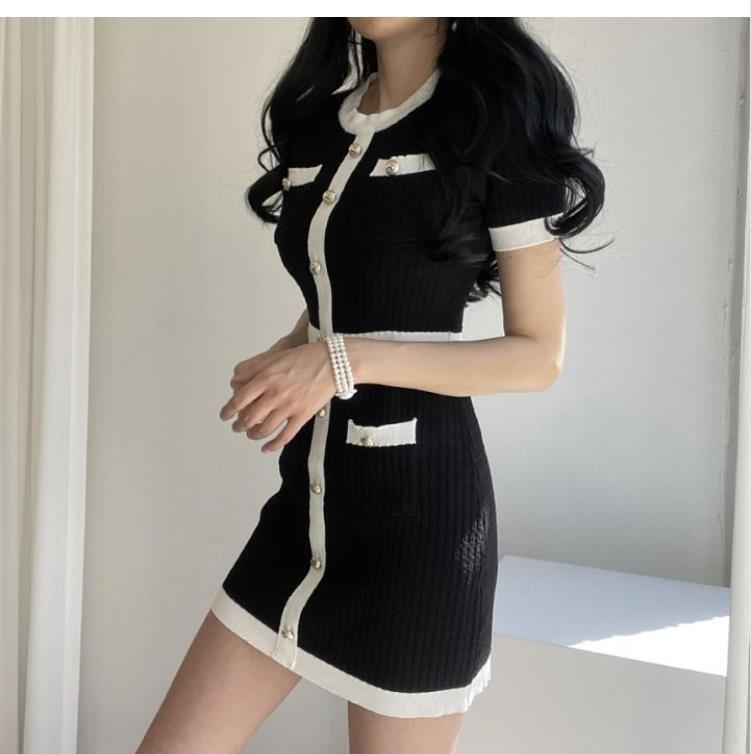 Color Matching Short-sleeved Knitted Dress Women's Waist Slimming Skirt