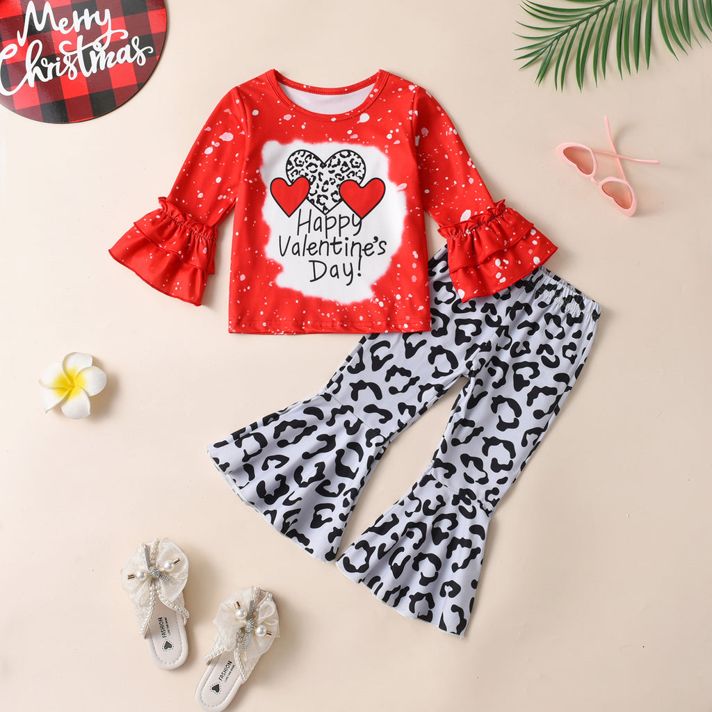 , Lace Long-sleeved Sweater Leopard Print Bell-bottom Pants Suit