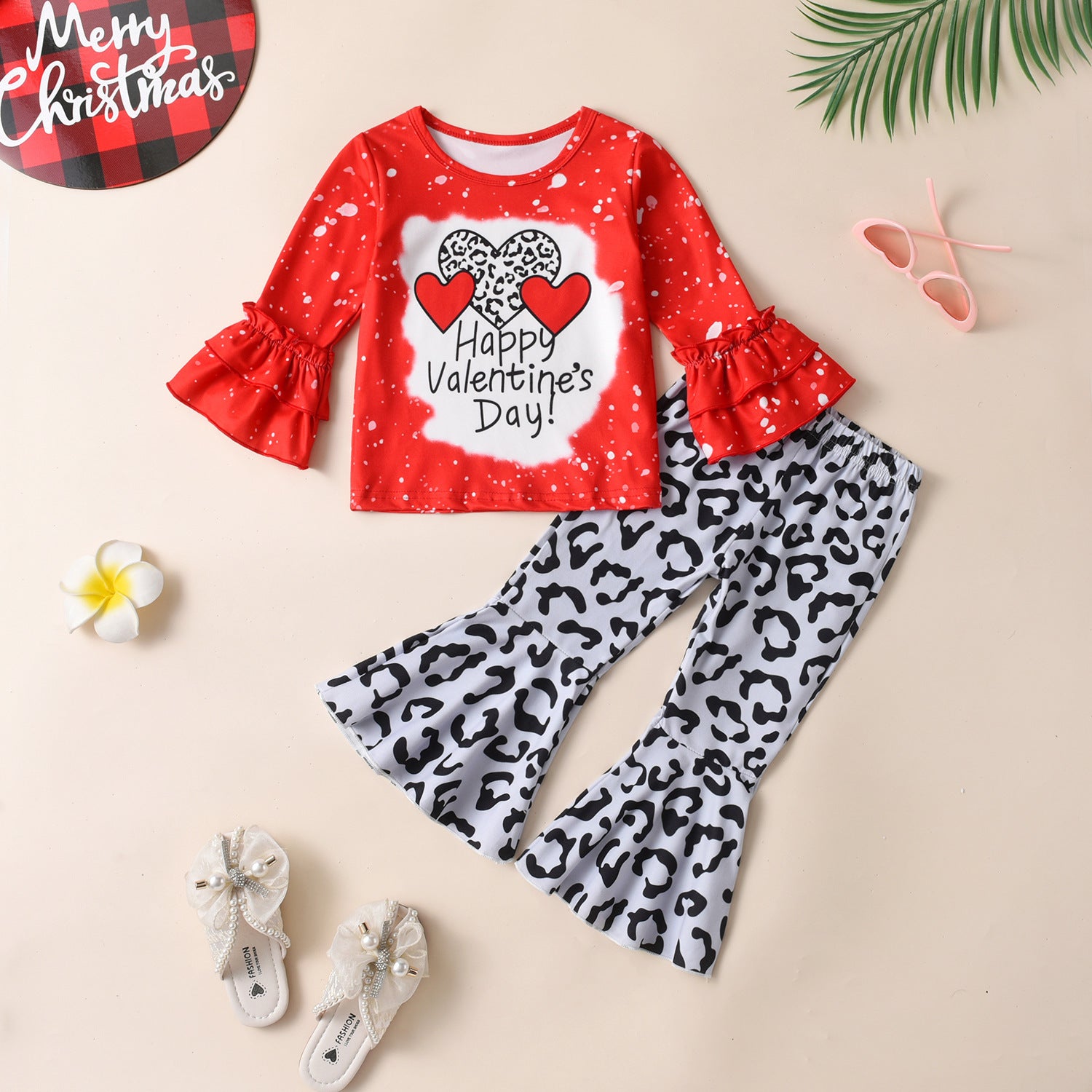 , Lace Long-sleeved Sweater Leopard Print Bell-bottom Pants Suit