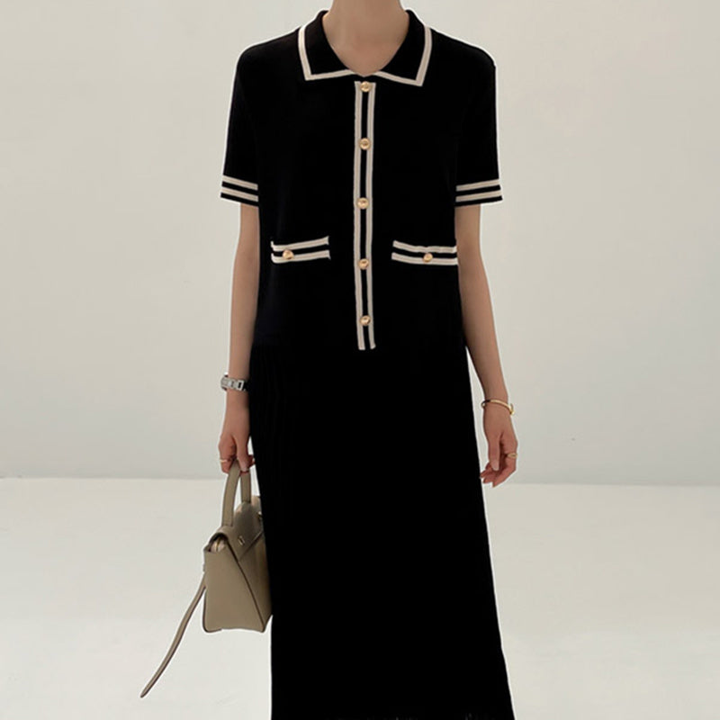 Knitted Dress In Heavy-duty Metal With Lapel Contrast Trim