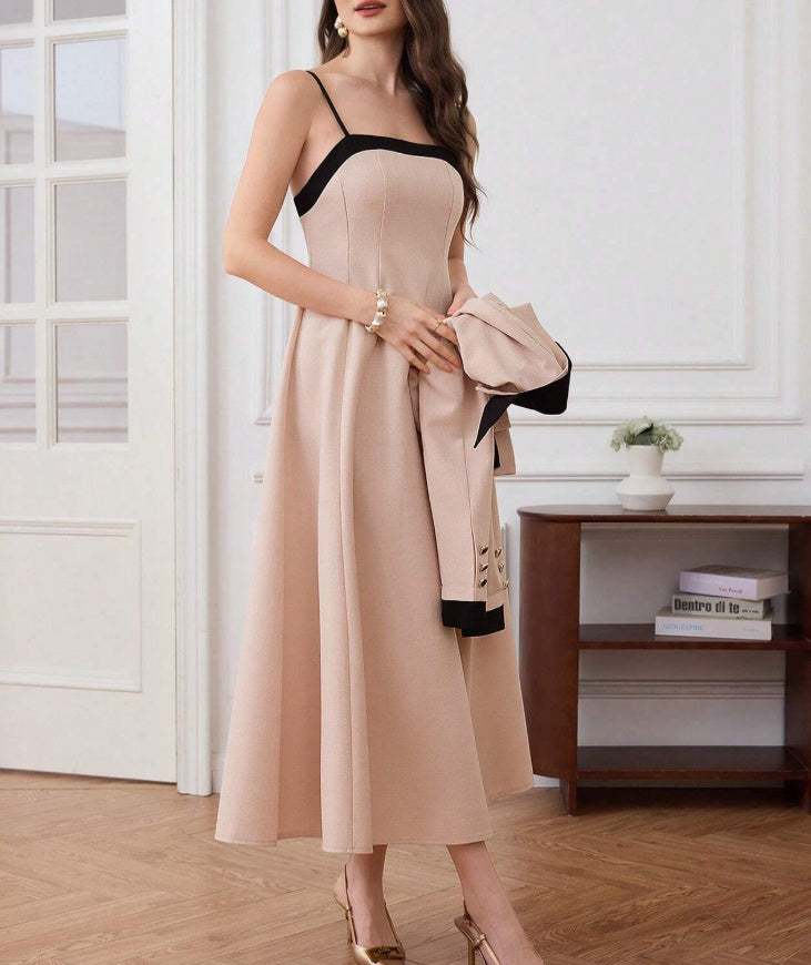 Women's Autumn Color Blocked Round Neck Long Sleeved Jacket And Camisole Skirt