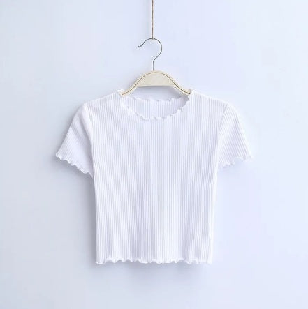 Fashion retro wooden ear slim short-sleeved T-shirt tops women's clothing