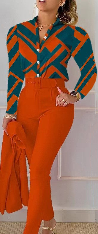 Printed Long-sleeved Top Solid Color Pants Suit With Belt
