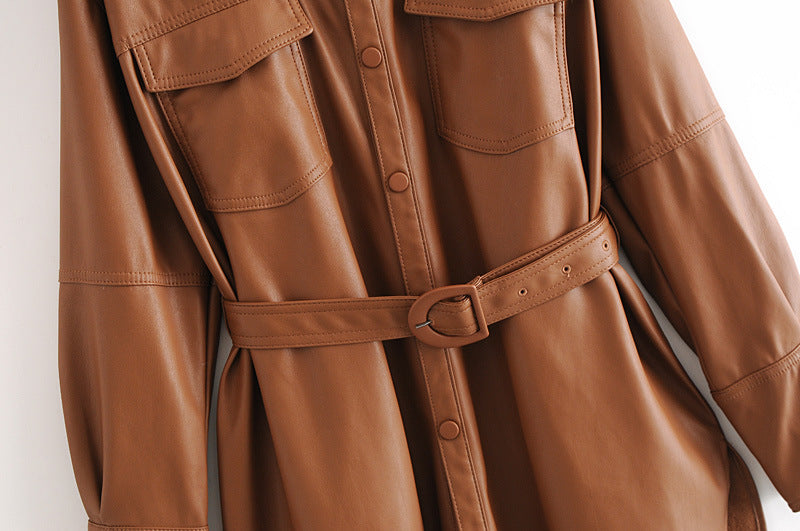 Women's Mid-Length Tunic Leather Shirt Jacket