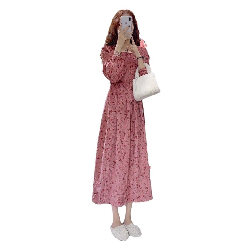 Floral Sweet Cover Long Dress Slimming High Waist Rose Dress