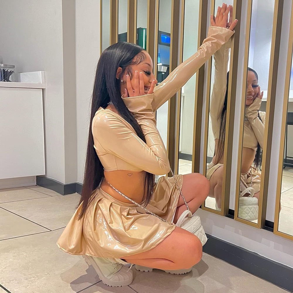 Long Sleeve Round Neck Sexy Pleated Skirt Two-piece Set