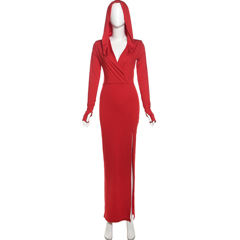 Solid Color Deep V Side Slit Slim Fit Hooded Design Long Sleeve Dress