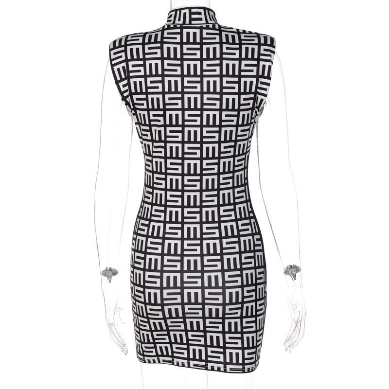 Women's Polyester Printed Stand Collar Sleeveless Dress