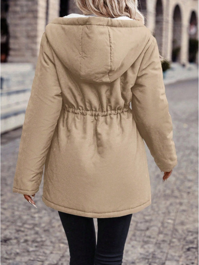 Drawstring Waist Hooded Plush Lined Parka Coat