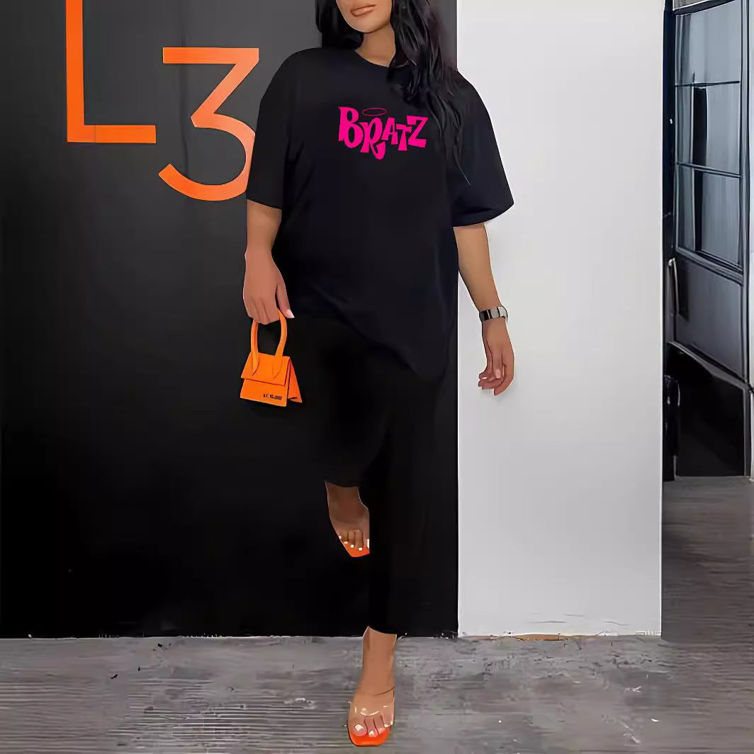 Printed Crew Neck Casual Trousers Short T-shirt Two-piece Set