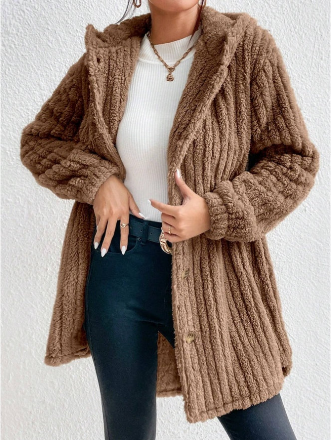 Button Front Hooded Teddy Coat