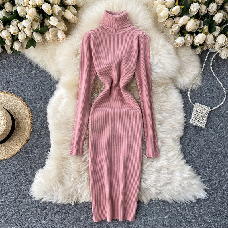 Simple Solid Color Temperament High Collar Slim Knitted Dress