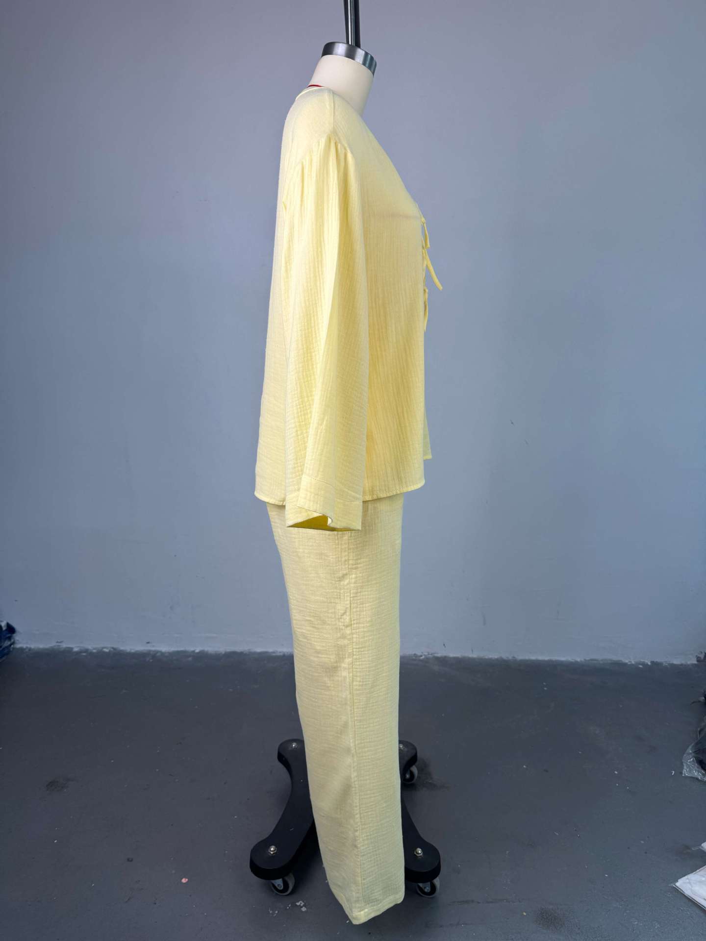 Summer New Solid Color Bow Long Sleeve Shirt Wide Leg Trousers Casual Suit