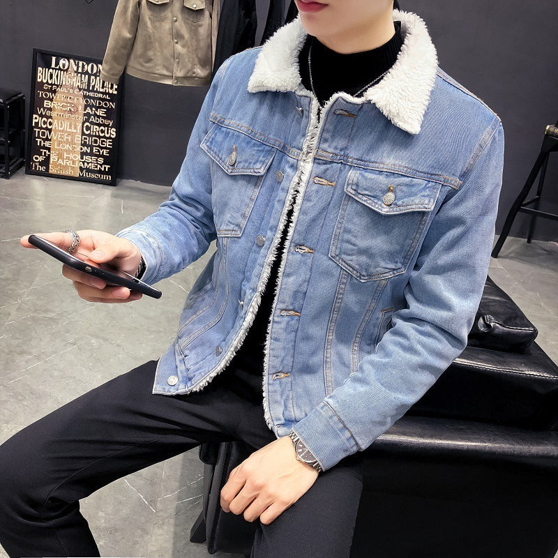 Plush Thick Denim Jacket Male Lamb Wool Denim Cotton Jacket Plus Size