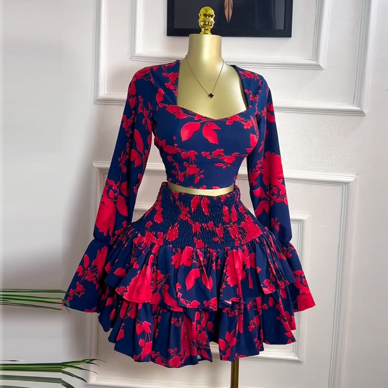 Women's Fresh Printed Long-sleeved Shirt High Waist Skirt Two-piece Set