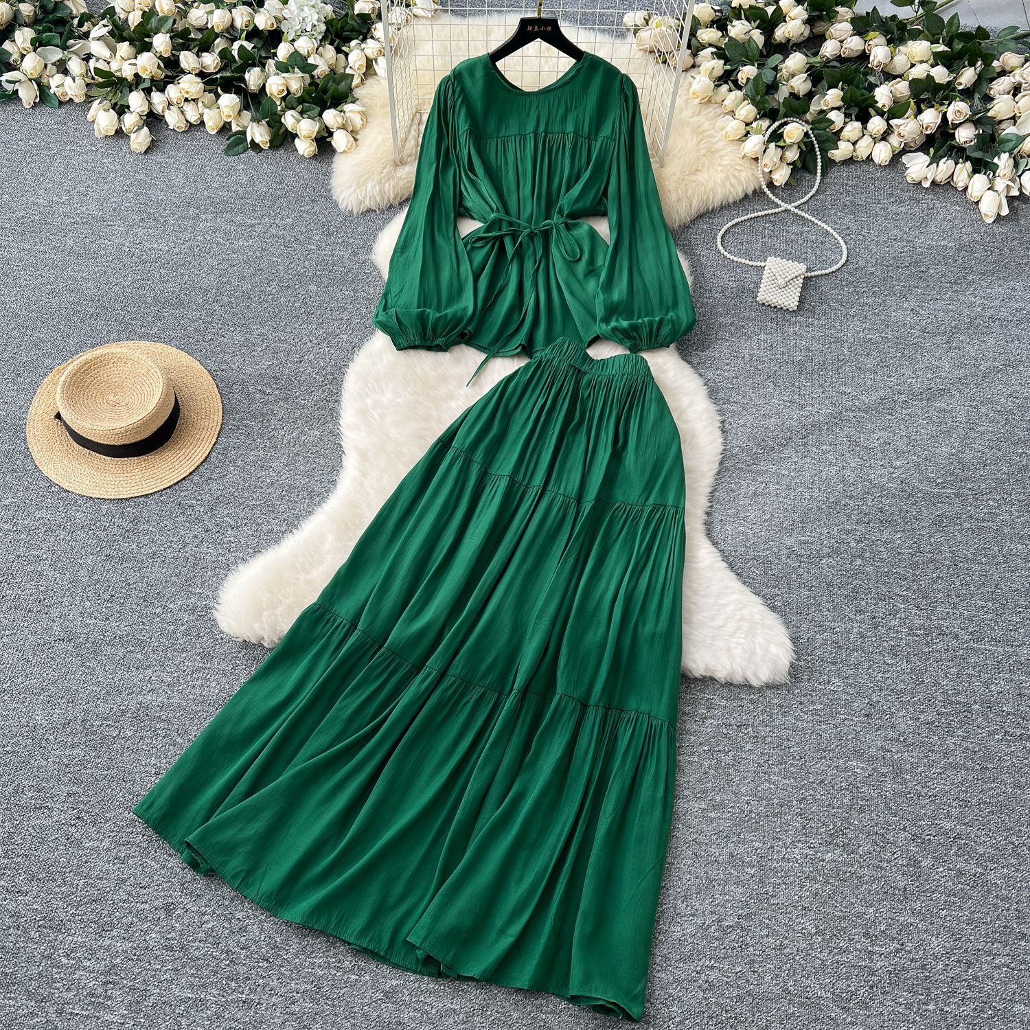 Suit Women's Spring French Style Lace-up Waist-controlled Round Neck Long Sleeve Shirt High Waist Drooping Skirt