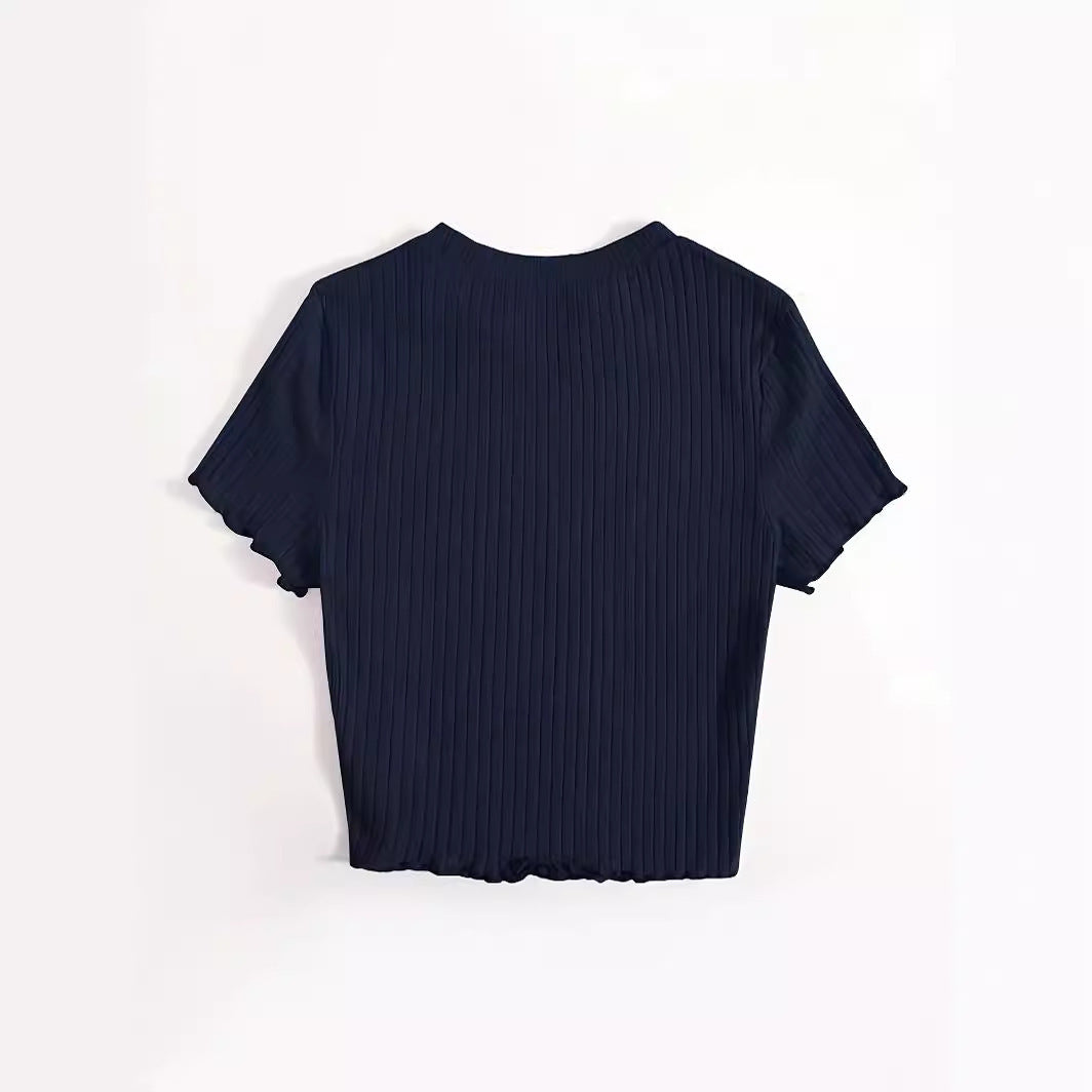 Korean Style Round Neck Wooden Ear Short Top Ins Knitted Inner Match Bottoming Shirt