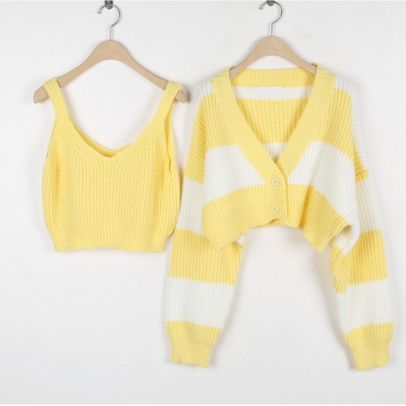 Women's Clothing Two-piece Set Sweater Striped Short Style Fashionable Knitted Suit