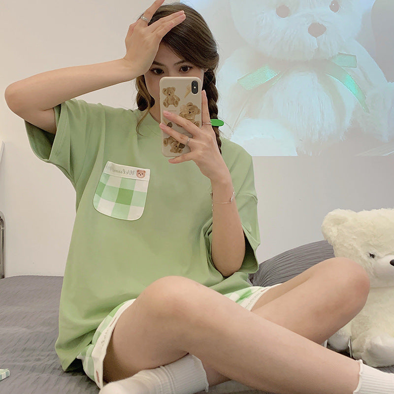 Women's Summer Cute Cartoon Short Sleeve Pajamas Suit