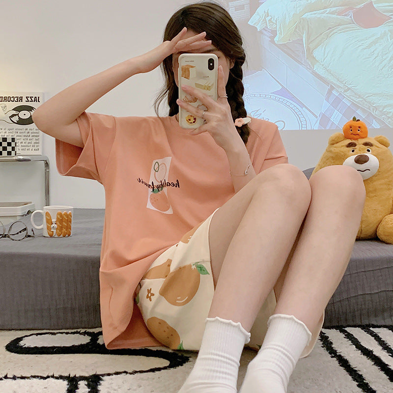 Women's Summer Cute Cartoon Short Sleeve Pajamas Suit