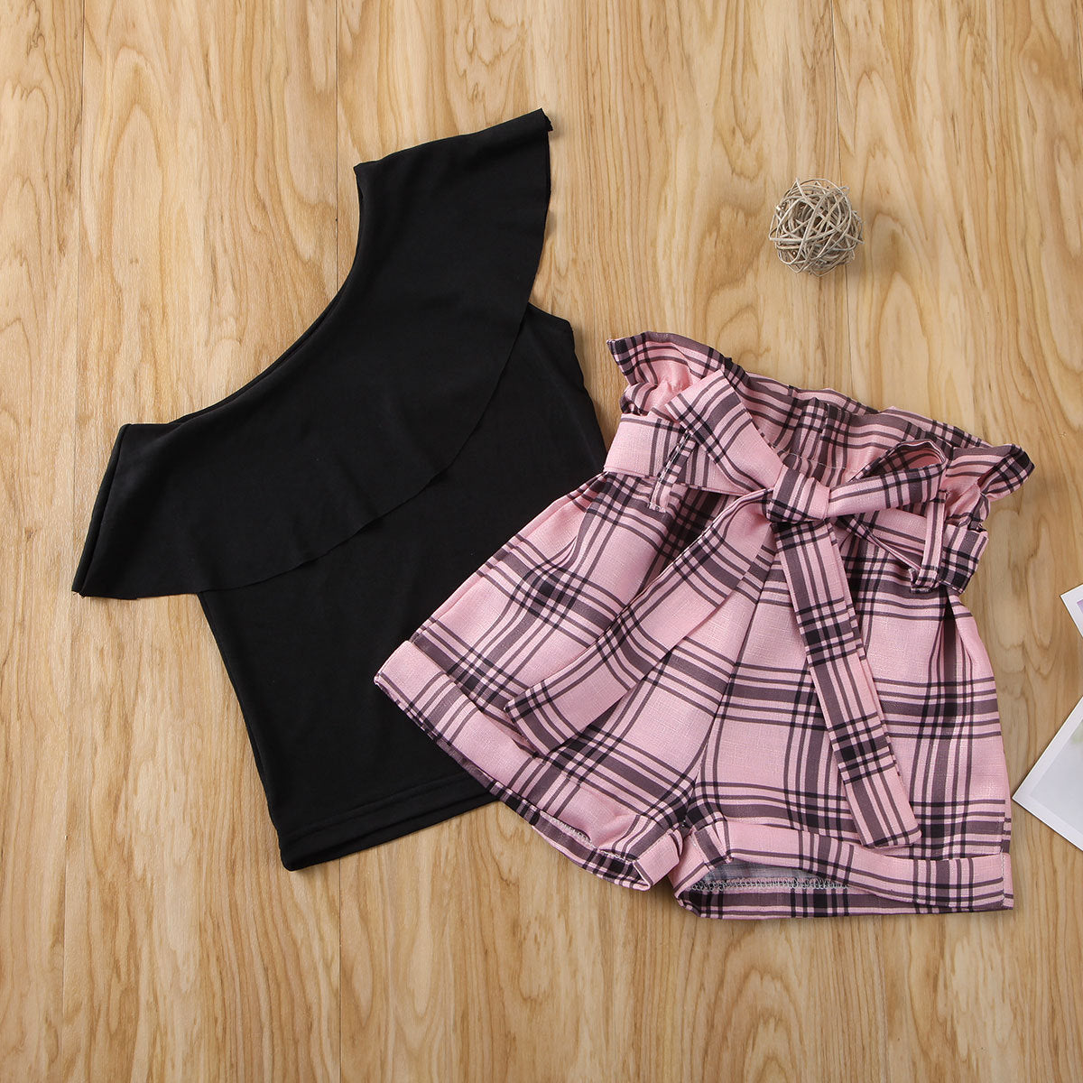Girls' One Shoulder Ruffled T-shirt Shorts Set
