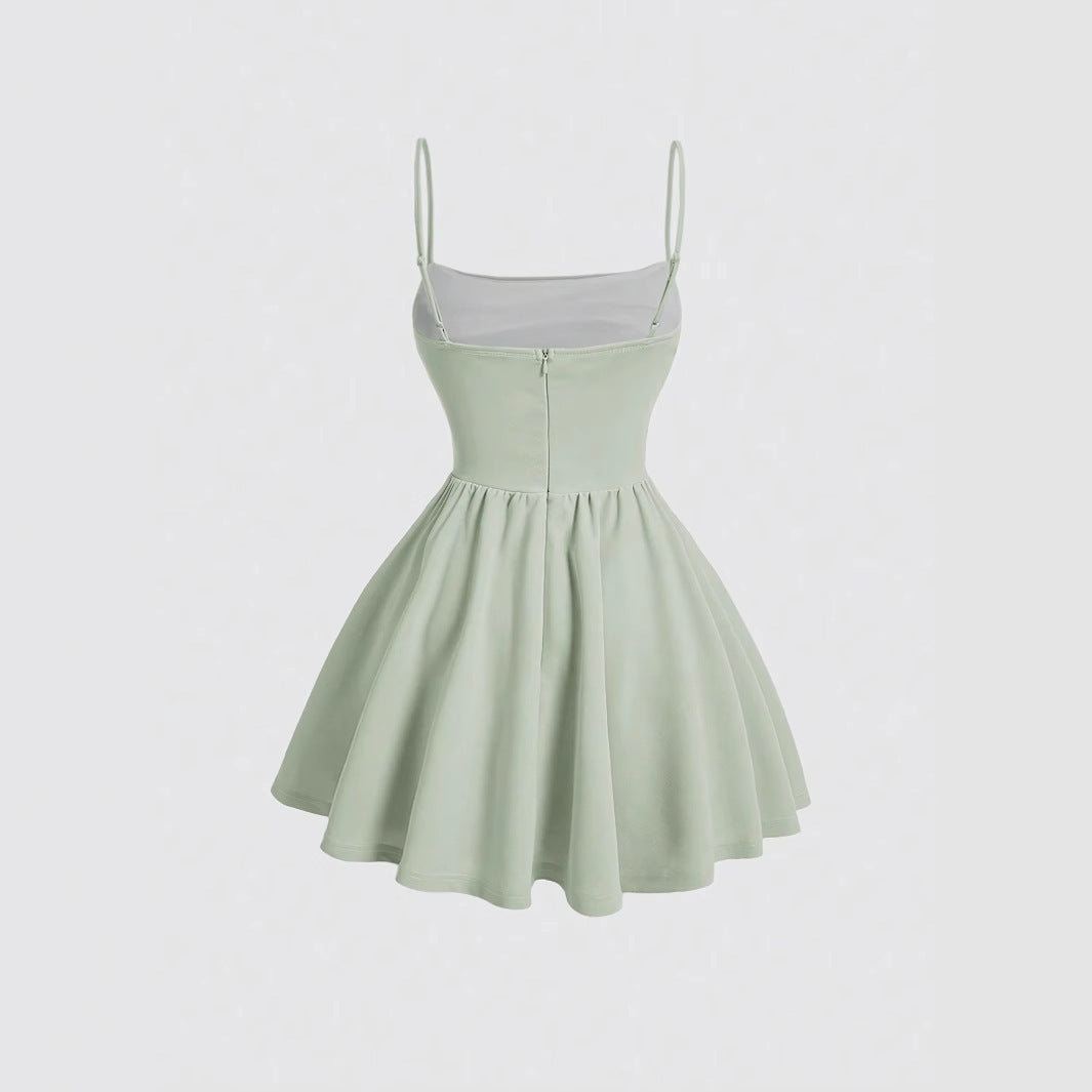 Sexy Dress Solid Color Pleated Back Zipper Sling Dress