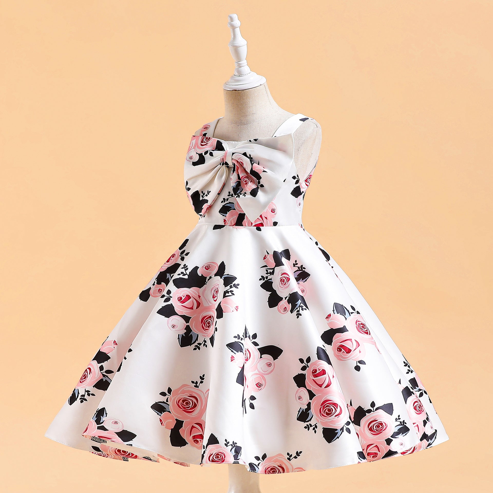 Girl's Fashion Suspenders Bow Print Princess Dress